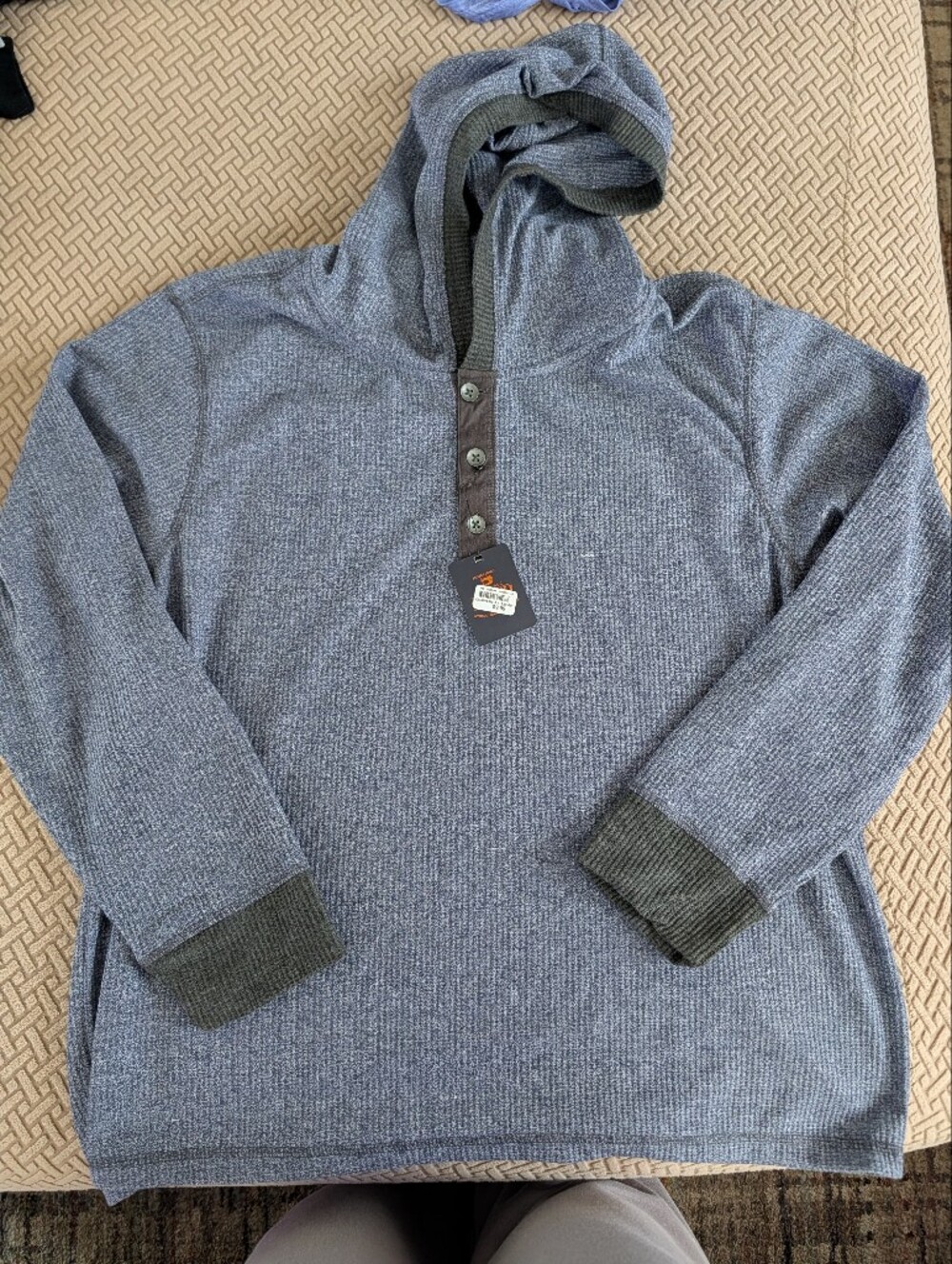 Men's Blue Knit Hooded Henley Sweatshirt
